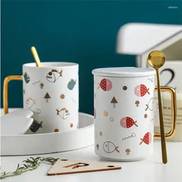 Mugs Nordic Ceramic Simple Cartoon Cute Coffee Mug With Spoon And Lid Household Couple Milk Cup Porcelain Office Teacup Drinkware