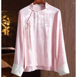 Women's Blouses Satin Chinese Style Shirt Spring/Summer Vintage Loose Long Sleeves Women Tops Floral Fashion Clothing YCMYUNYAN