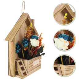 Decorative Flowers Artificial Hanging Basket Flower Floral Ornament Wood Planter Fake Wall Decoration Architecture Silk Wooden Home