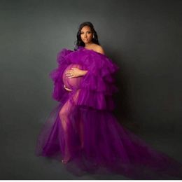 Purple See Through Women Prom Dress Off Shoulder Tulle Ruffles Pregnant Photo Shoot Evening Dresses Plus Size Party Gown Puffy Sleeves 166O