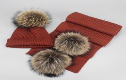2020 women Pom Pom Beanie Warm Knitted Fur Pompom Hat and Scarf Set lady Real Raccoon Fur girls Winter Hat Skullies7708388