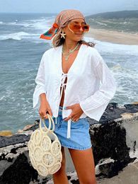 Women's Blouses Sexy Hollow Out Lace Up Shirts Women 2024 Vacation Beach V-neck Long Sleeve Female T-shirts Cotton Line Solid Elegant Lady