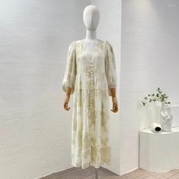 Casual Dresses Women Clothing 2024 Summer Vintage Beige Floral Leaf Simple Style Long Sleeve V-Neck Buttons High Quality Midi Dress