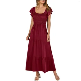 Casual Dresses Women'S Summer Short Sleeve Square Neck Smocked Elastic Waist Tiered A Line Maxi Dress With Pockets For Women