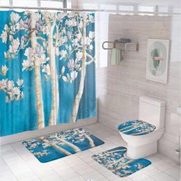 Shower Curtains Magnolia Flower Tree Curtain Set Chinese Style Floral Bird Scenery Bathroom Non-Slip Bath Mats Rug Toilet Cover