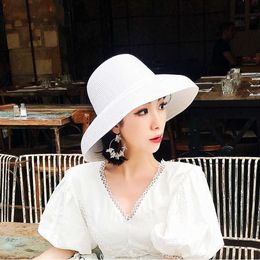Summer Straw Hat Womens Sun Protection Fashionable Seaside Brim Bare Body Versatile Trendy Hepburn Flipped Single Color
