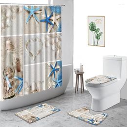 Shower Curtains Starfish Shell Curtain Beach Nautical Theme Bathroom 4-Piece Set Non-Slip Carpet Waterproof Bath With Hooks