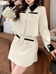 Work Dresses 2024 Spring High-quality Corduroy Suit Long-sleeved Contrast Coat Pleated Skirt Women Elegant Two-piece Set Fashion Female