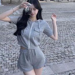 Women's Tracksuits Sweet Girl Pure Sexy Suit Spring/summer Zippered Hooded Jacket Casual Shorts Two-piece Set Fashion Female Clothes