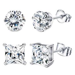 Stud 1-2 pairs of hypoallergenic 316L stainless steel square round CZ screw earrings for women sensitive earrings jewelry set 3-8MM J240513