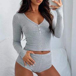 Home Clothing Women V-Neck Sleepshirt Shorts Suit Slim Fit Skinny Crop Tops & Sets Casual Solid Colour Lightweight Comfy Nightshirt