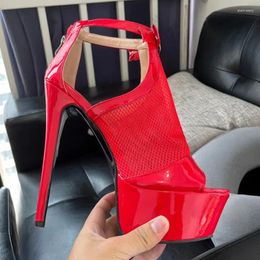 Sandals 2024 Arrival Handmade Women's Platform Mesh Stiletto Heels Round Toe Black Red Party Shoes Ladies US Plus Size 5-20