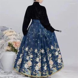 Skirts Chinese Style Improved Hanfu Floral Printed Blue Red Horse Face Skirt Women High Waist Pleated Slim A-line Party &Cosplay