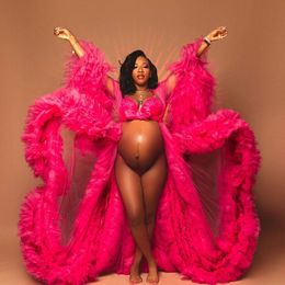 African Hot Pink Maternity Dress Robes for Photo Shoot or baby shower Ruffle Tulle Chic Women Prom Gowns Ruffles Long Sleeve Photograph 1647