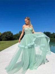 Runway Dresses Light green Saudi Arabian strapless ball evening dress A-line sheer wedding dress elegant sleeveless floor long dress 2024