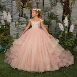 Pink Off Shoulder Ball Gown Prince Flower Girls Dresses 2022 Sweep Train Girls Pageant Gowns Lace Applique first communion princess dre 174m