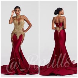 2020 Modern Burgundy Embroidery Tassel Mermaid Prom Dresses High Neck GOld Lace Applique Backless Evening Gowns BC3645 223n