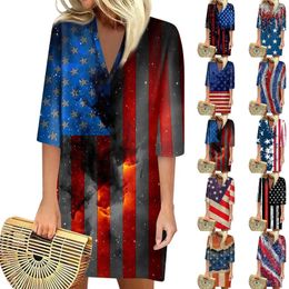 Casual Dresses Summer For Women Fashion Independence Day Printed Dress Youthful Loose V Neck 3/4 Sleeve Robes Longues