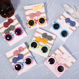 0S1V Hair Accessories 2 pieces/pack retro childrens summer bow with round sunglasses protective glasses baby hair accessories d240513