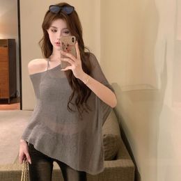 Vintage Thin Sexy Sleeveless Cape Women's 2024 Summer New Arrived Loose Irregular Solid Color Slash Neck Blouse American Style Fashion Casual Versatile Tops Female