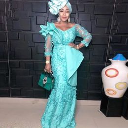 Aso Ebi Style Mint Lace Prom Dresses Long Mermaid African Nigerian Evening Dress Elegant 3 4 Sleeves Pagent Party Gowns Bride 182O