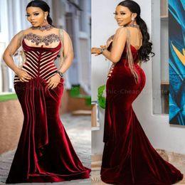 2021 Plus Size Arabic Aso Ebi Burgundy Mermaid Velvet Prom Dresses Sheer Neck Beaded Evening Formal Party Second Reception Gowns Dress 244G