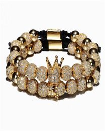 2pcsset Luxury Crown Charm Men Bracelets 8mm Micro Pave CZ Round Braided Macrame Bracelet Handmade Jewelry Women Gift6130524