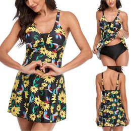 Tankinis Women Floral Printed Spaghetti Strap V Neck Beach Dress 2 Piece Swimwear Backless Conservative Swimsuits