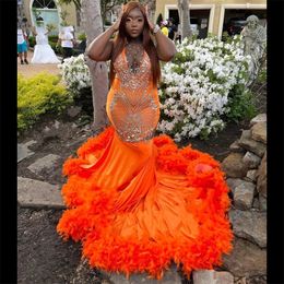 Orange Velvet Prom Dresses 2022 For Black Girl Mermaid Evening Gown Luxury Feathers Celebrity For Birthday Party Formal Gowns 3197