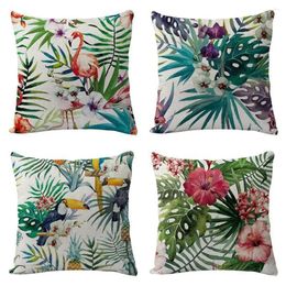 Pillow 4pcs/Lot Cover Tropical Plant Spring Flower Green Leaves Flamingo Linen Pillowcase Living Room Sofa Car Decor 18x18 Inch