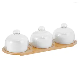 Disposable Cups Straws 1Set Of Salad Bowl Ceramic Dessert Container With Glass Lid Wooden Tray (White)
