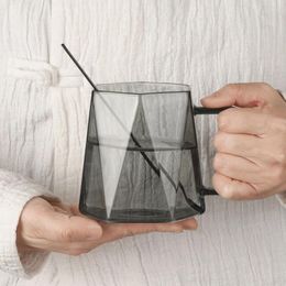 Mugs Black Diamond Glass Mug Coffee With Spoon Handle Cup High Temperature Resistant Light Luxury Office Drinkware Bar