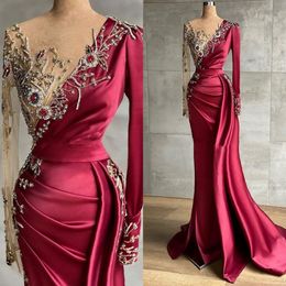 Aso Ebi Burgundy Mermaid Evening Reception Dresses with Long Sleeve Arabic African Beaded Illusion Occasion Prom Gowns Wear 246g