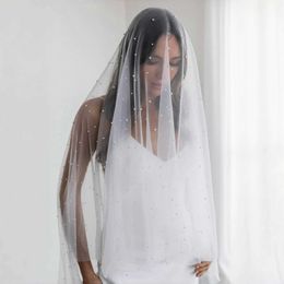 Wedding Hair Jewelry Long Bridal Veils with Blusher 2 Tiers Wedding Veil Cover Front and Back Soft Tulle Adorned with Pearls Wedding Accesories VP13