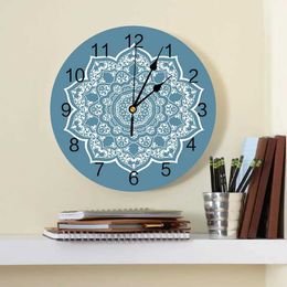 Wall Clocks Blue Mandala Flowers Decorative Round Wall Clock Arabic Numerals Design Non Ticking Wall Clock Large For Bedrooms Bathroom