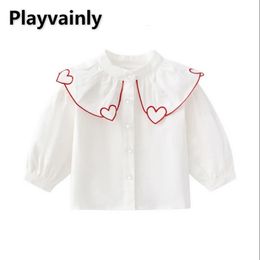 Autumn Kid Girl Shirts Korean Style Love Collar Cotton Shirt Fashion Long Sleeve White Blouse Children Clothes E0529 240512