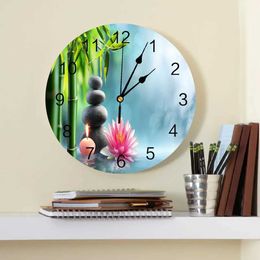 Wall Clocks Plant Bamboo Lotus Stone Candle Decorative Round Wall Clock Custom Design Non Ticking Silent Bedrooms Large Wall Clock