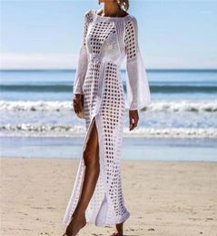 Sarongs 2021 Crochet White Knitted Beach Cover Up Dress Tunic Long Bikinis Ups Swim Beachwear19095954