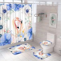 Shower Curtains Flamingo Curtain Bath Mat Set Animal Blue Flower Couple Bathroom Screen Toilet Lid Cover Anti-slip Carpet Flannel Rug Pad