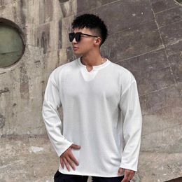 Men's T-Shirts V-Neck Texture And Drape Fling Mens Long Seved T-Shirt Sports Fitness Running Training Clothes Loose Oversized H240513