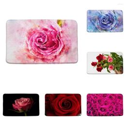 Bath Mats Watercolor Flower Pink Rose Spring Blooming Floral Pastoral Scenery Wedding Valentine Memory Foam Bathroom Shower Rug