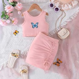 Clothing Sets Clothing Set For Kid Girl 4-7 Years old Sleeveless Pink Vest and Elegant Wrap Skirt Cartoon Butterfly Summer Outfit For Baby GirL2405