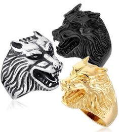 Fashion Jewellery Cool Wolf Rings Stainless Steel Punk Men and Women Gold And Black Ring US Size 7141454923