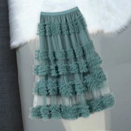 Skirts New Pleated Skirt Elastic High Waist Mesh Cake Skirt Women Fashion Swt Solid Colour Spring Summer Petticoat Tulle Female Bottom Y240513