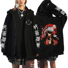 Men's Hoodies Sweatshirts Women Men Anime Zip Hoodies Jujutsu Kaisen Plus Size Zipper Jackets Gojo Satoru Printed Sweatshirt Y2k Harajuku Unisex Hooded T240510