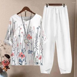 Women's Two Piece Pants Ladies Elegant Vintage Suit Flower Print White Set Casual Female Loose Outfits O Neck Short Sleeve Shirt With