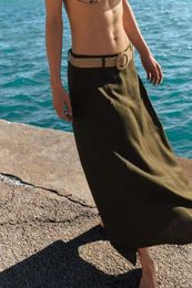 Skirts VIntage Women Green Beige Skirt 2024 Fashion Spring Summer Casual Commute Belt Waistband Flax Blend Cape