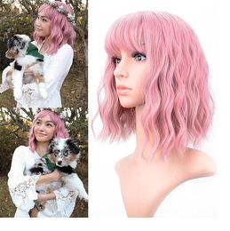 Parrucca ondulata pastello con bob di aria corta bob rosa viola riccio rosa lunghezza di spalla sintetica quotidianamente usa parrucca cosplay colorata per ragazze (12 