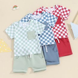 Clothing Sets 0-3Years Baby Boys Clothes Shorts Set Short Sleeve Crew Neck Plaid T-shirt With Solid Color 2pcs Summer Casual Outfit