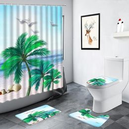 Shower Curtains Tropical Palm Trees Curtain Set Bathroom Carpet Bird Sea Wave Summer Ocean Scenery Non-slip Rug Toilet Lid Cover Bath Mat